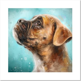 Painting of a Brown and White Boxer Dog on Green Background Posters and Art